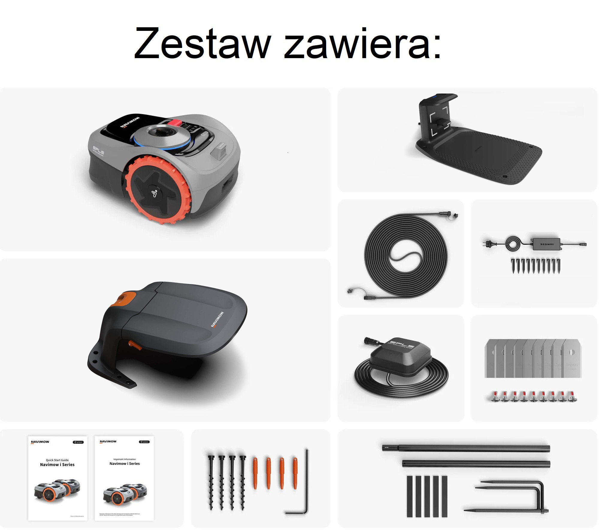 baner przedstawiający skład zestawu robota koszącego Navimow